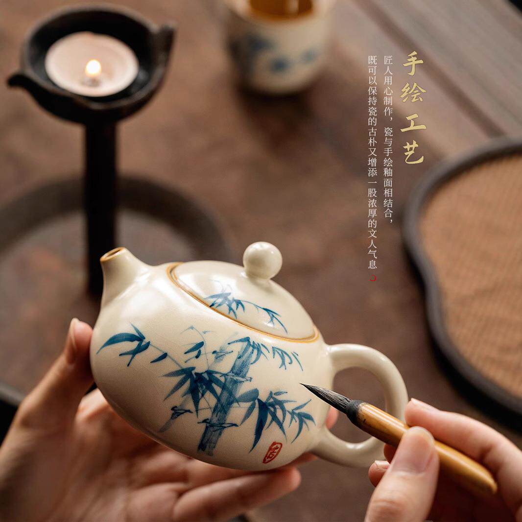 米黄汝窑手绘单茶壶家用西施壶茶具中式大号高档陶瓷泡茶器泡茶壶