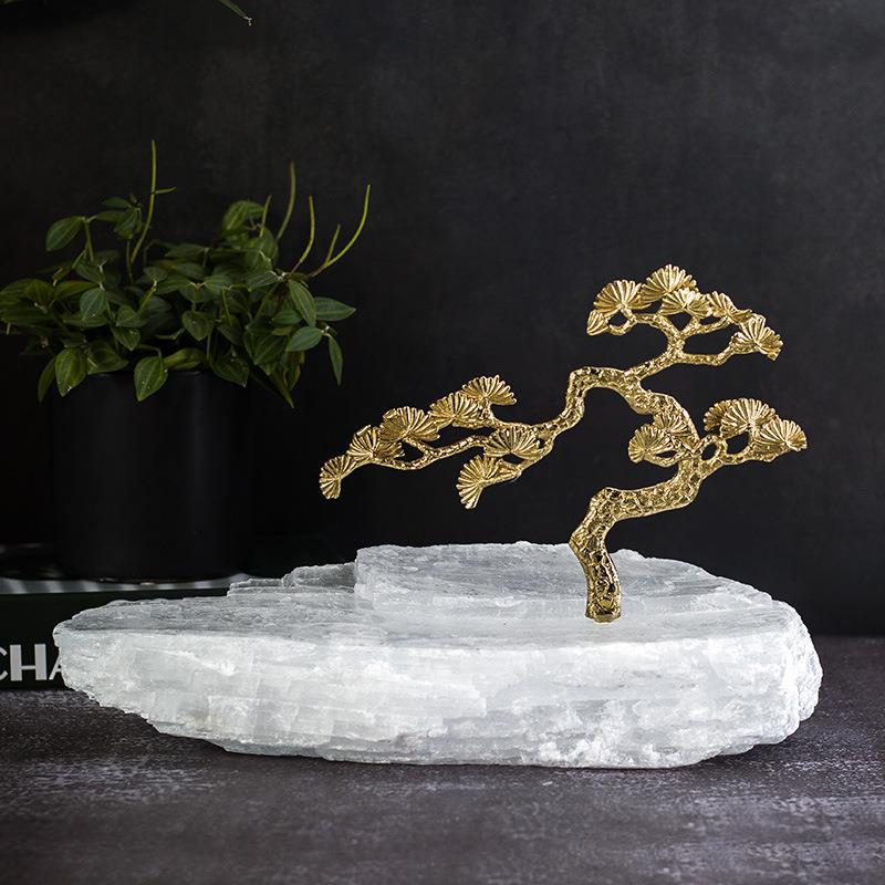 新中式铜制品迎客松水晶矿石轻奢摆件玄关桌面书柜松木摆件装饰品