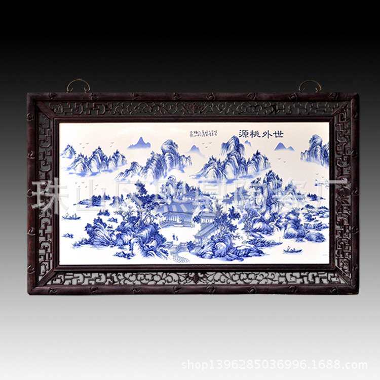 陶瓷瓷板画仿古做旧实木框陶瓷装饰画 古典家居客厅墙壁挂画
