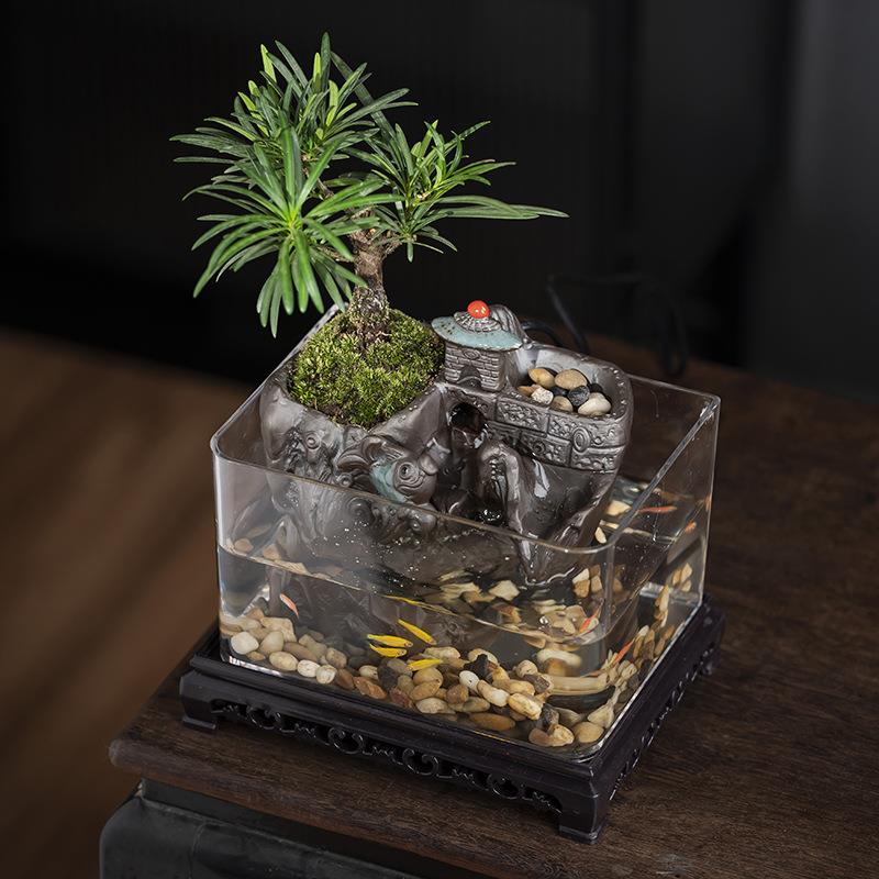 创意小型鱼缸造景假山真植物全套客厅流水摆件循环水景观家居饰品
