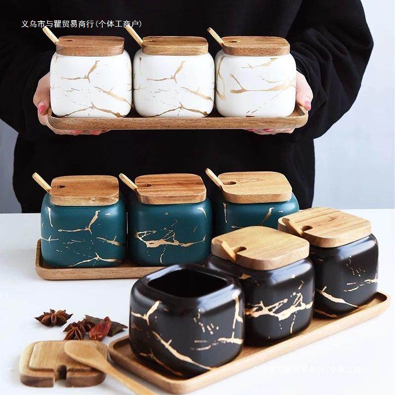 北欧哑光大理石纹陶瓷调味罐油盐罐家用调料盒厨房佐料调料瓶套