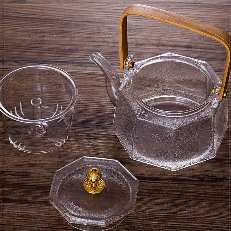 玻璃八角提梁壶泡煮花茶壶手工竹木把耐热耐高温家用锤纹烧水茶具