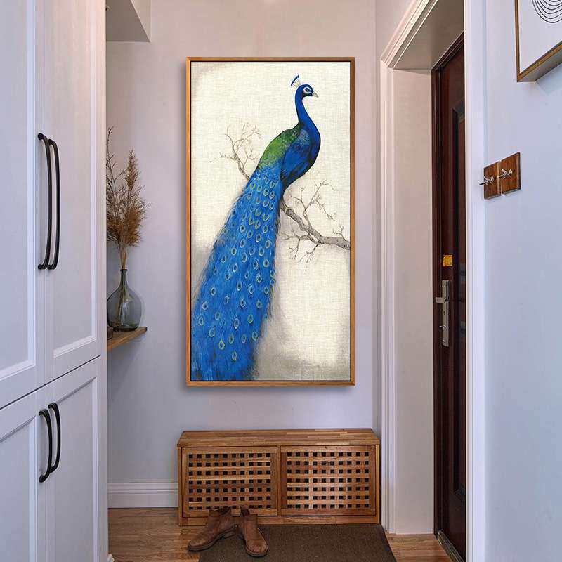 新中式金色孔雀玄关画入户走廊客厅挂画竖版吉祥鸟油画装饰画壁画