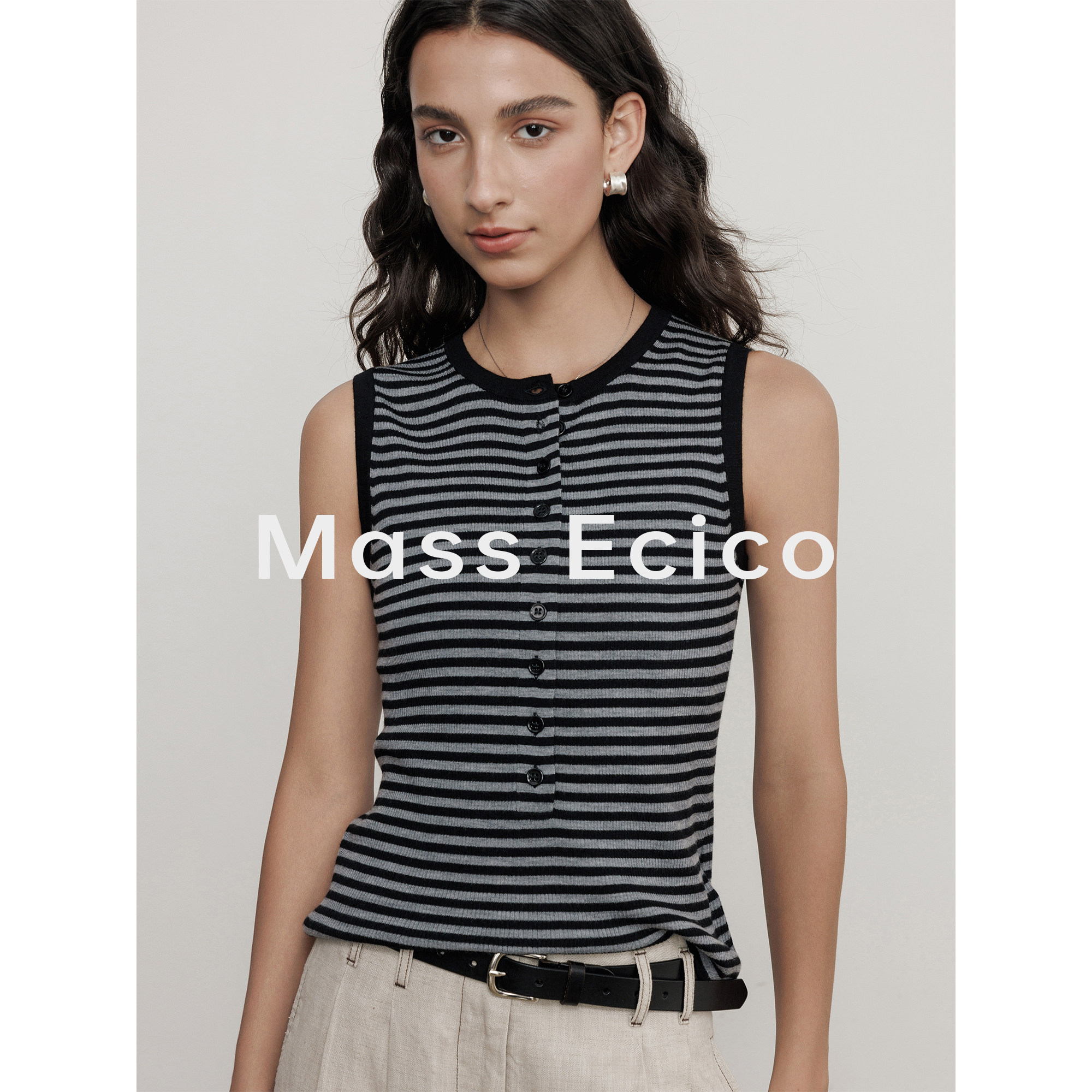 Mass Ecico黑白条纹无袖圆领马甲背心女夏季含羊毛修身显瘦上衣