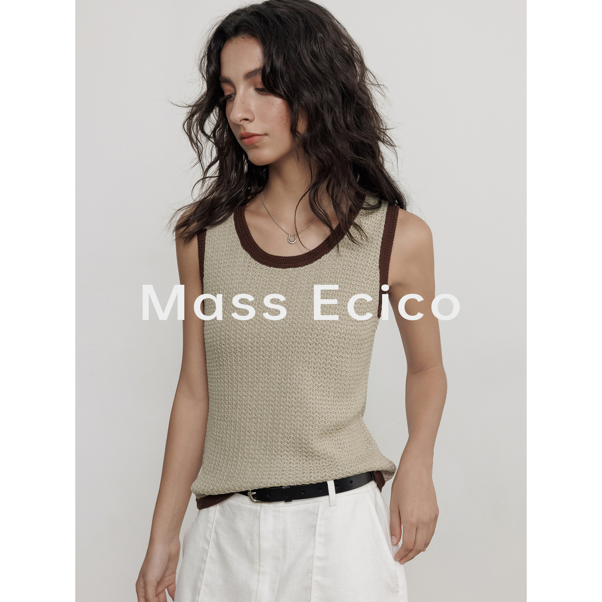 Mass Ecico无袖圆领针织马甲上衣女夏季亚麻天丝显瘦外穿吊带背心