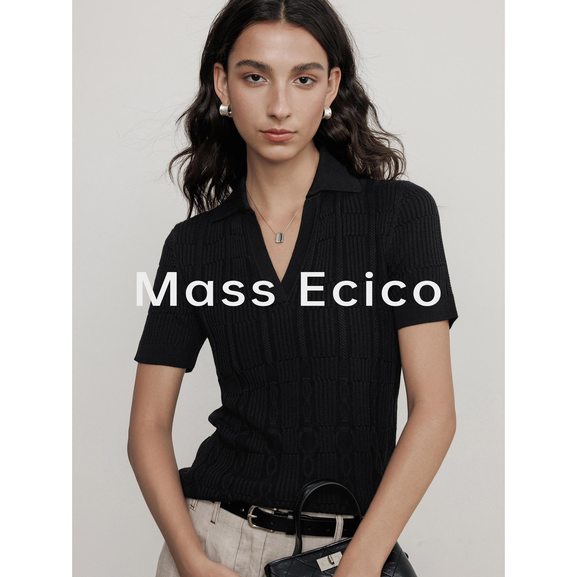 Mass Ecico黑色短袖翻领套头针织衫女夏季显瘦高级感老钱风上衣