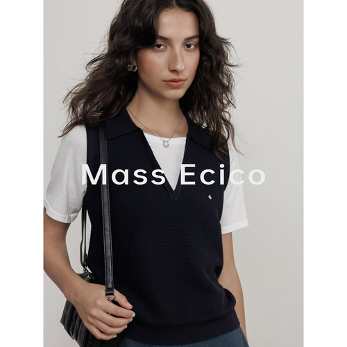 Mass Ecico夏季新款黑白撞色假两件V领宽松显瘦羊毛针织衫上衣女
