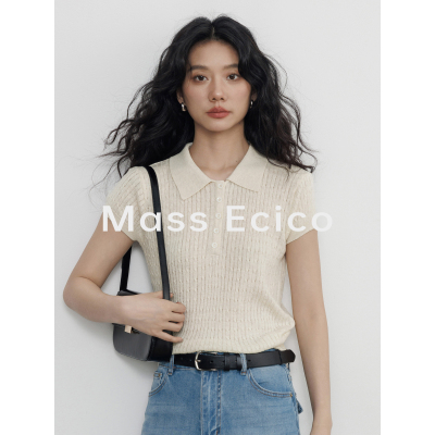 Mass Ecico纯色翻领短袖针织衫女夏季薄款亲肤透气竖坑条套头上衣