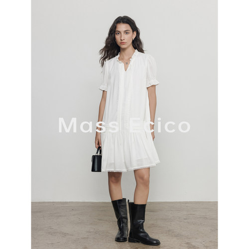 Mass Ecico白色法式宽松V领短袖连衣裙女夏季设计感通勤气质长裙