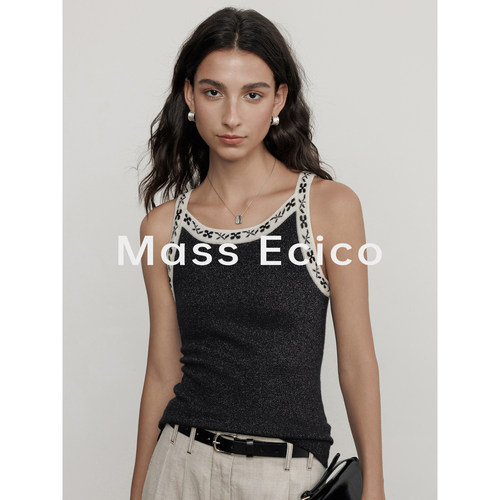 Mass Ecico黑色含羊毛吊带背心女夏季气质修身通勤简约无袖上衣
