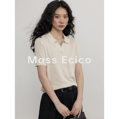 Mass Ecico天丝亚麻翻领显瘦套头针织衫女夏季日常通勤短袖上衣