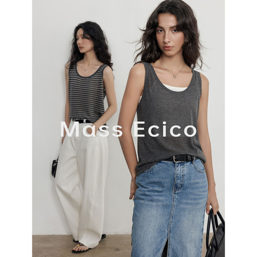 Mass Ecico天丝亚麻U领无袖马甲上衣女夏季纯色高级薄款外穿背心