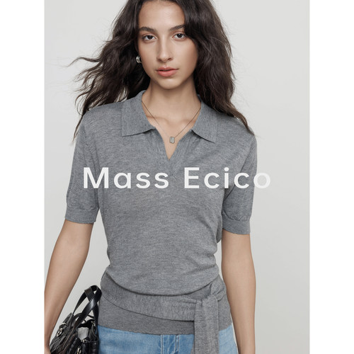 Mass Ecico灰色高级感短袖针织衫女夏季老钱风翻领显瘦薄款上衣