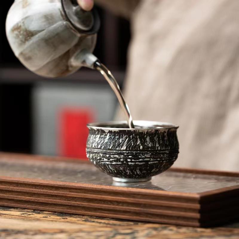 手作志野复古银彩罗汉茶杯家用鎏银杯茶盏随手礼主人手工杯子陶瓷