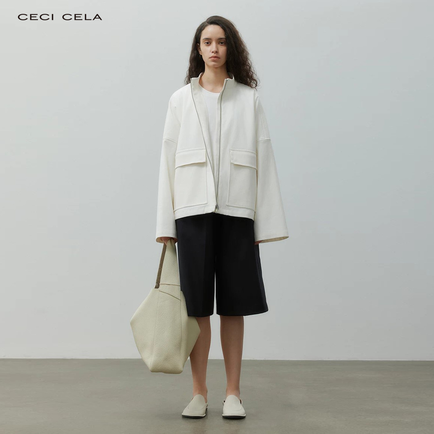 CECICELA立领夹克外套棉质拉链宽松型工装风纯色长袖休闲女高级感