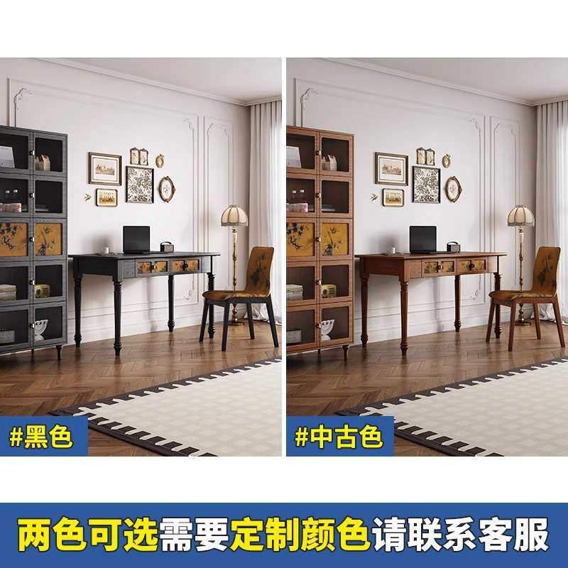 法式复古书桌香云纱黑色梳妆台写字桌一体白蜡木实木腿电脑桌家用