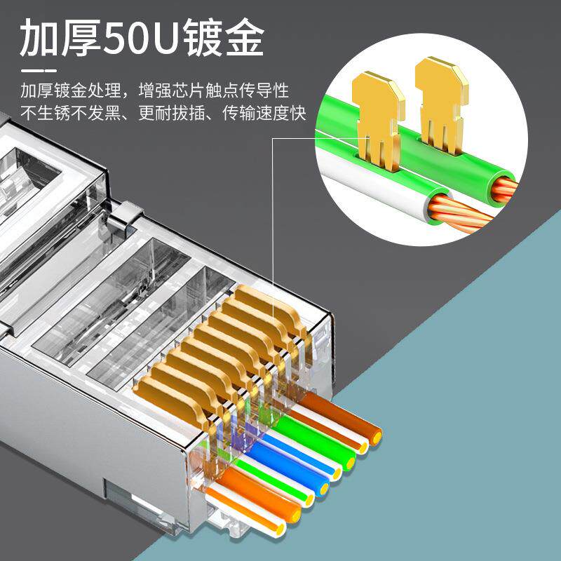 三堡 六类直通穿孔式水晶头RJ45屏蔽网络水晶头纯铜镀金50U 30个