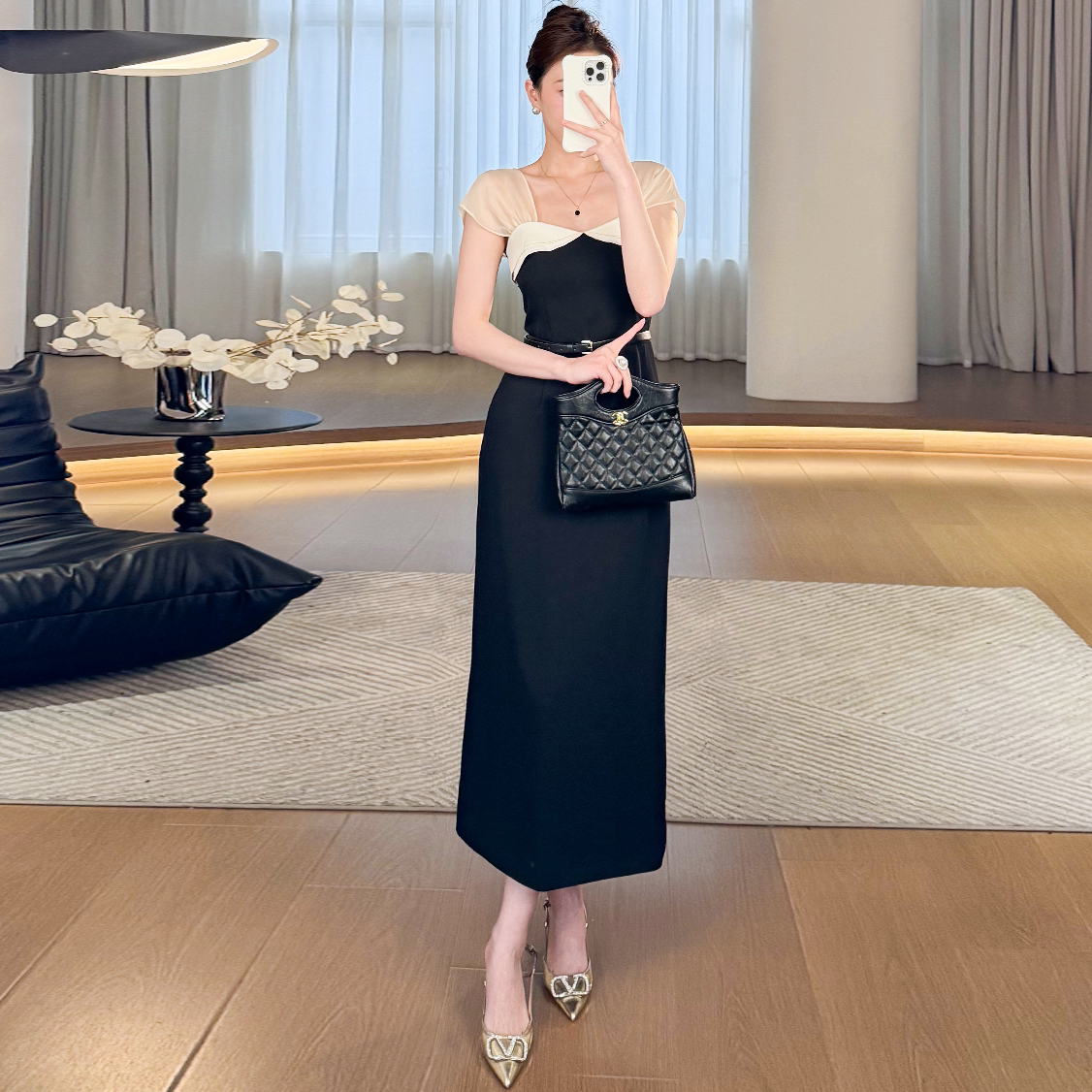 【廖廖粉丝专享】轻奢名媛气质高级感撞色拼接连衣裙LZ2091