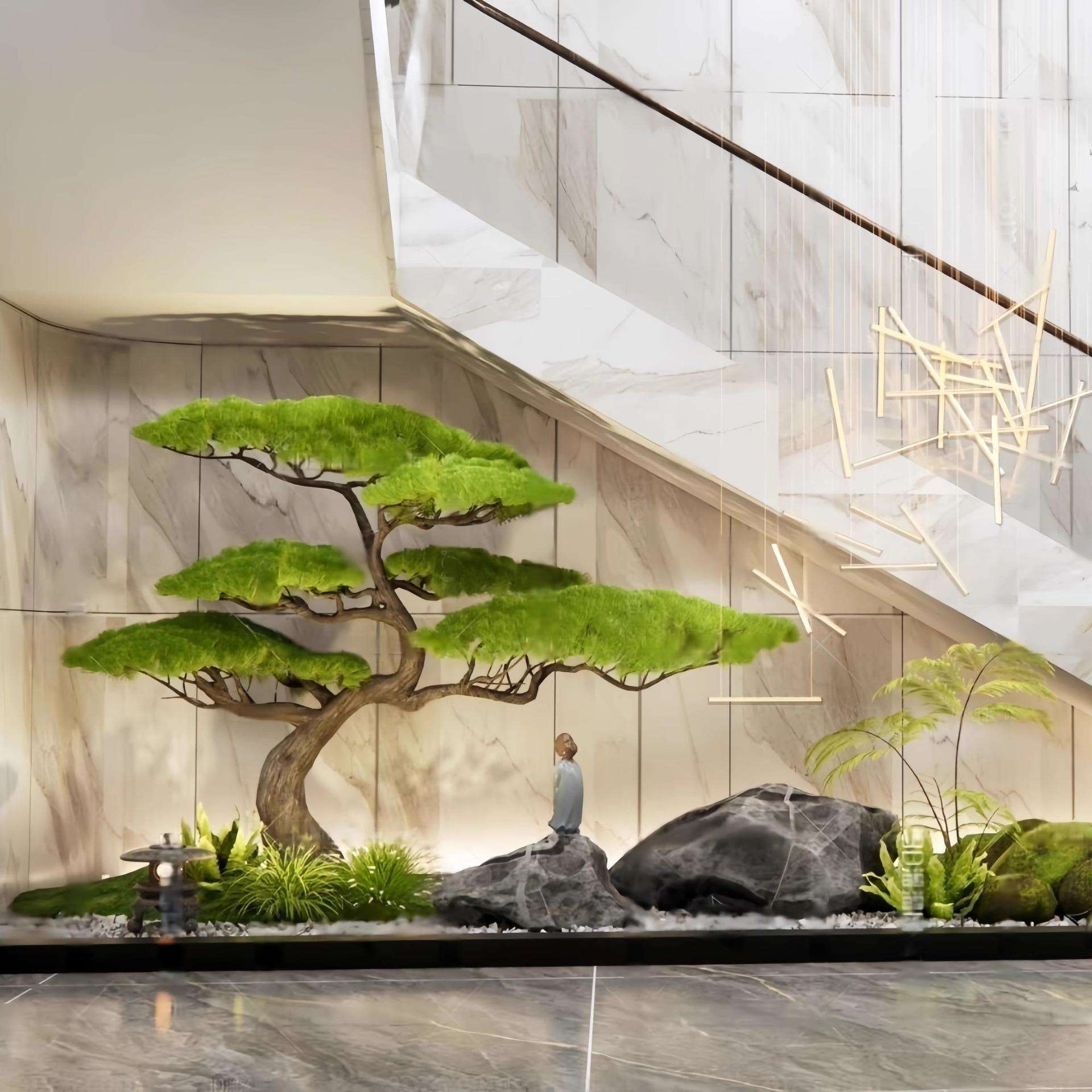 仿真迎客松假树松树仿生绿植橱窗楼梯玄关造景高端轻奢室内外景观
