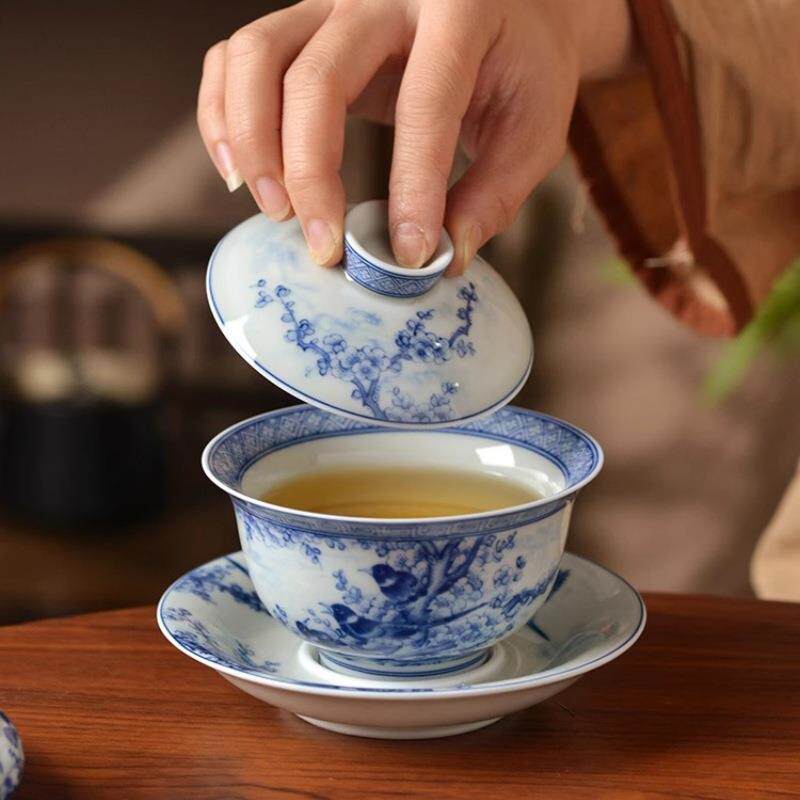 景德镇青花喜上眉梢天地人三才盖碗不烫手泡茶碗家用陶瓷功夫套装