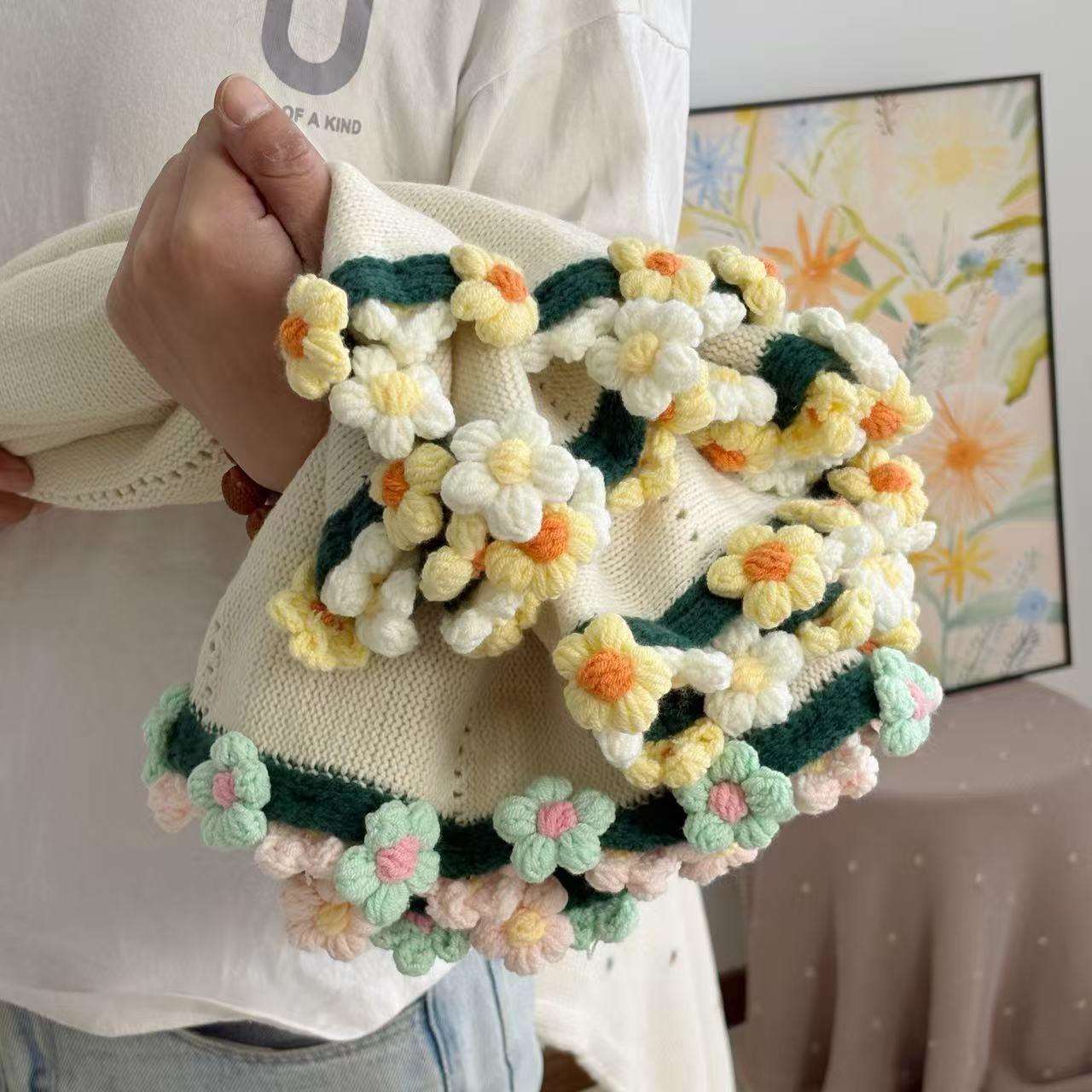 现货手工成品玫瑰花束毯子钩织铃兰花毛毯送闺蜜女友针织盖毯抱毯图片