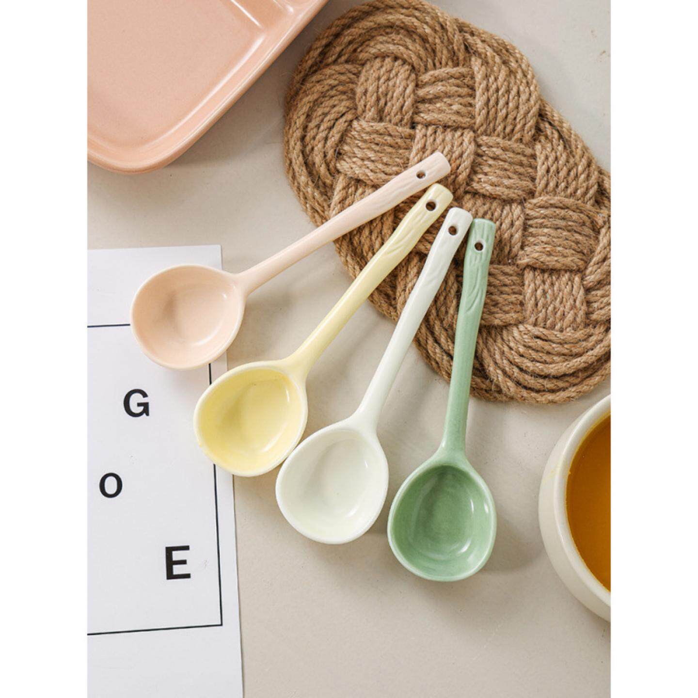 陶瓷勺子长柄家用可爱风喝汤勺调羹创意高颜值日式甜品勺圆头