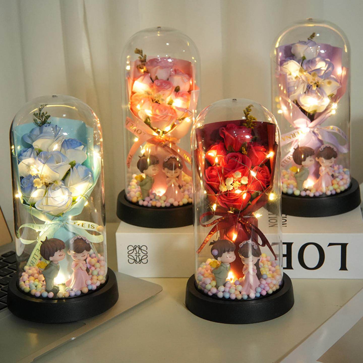 三八女神节情人节永生花玫瑰花送女生女友老婆玻璃罩香皂花礼盒装