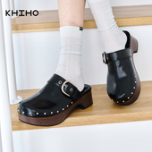 女黑色皮带扣包脚趾厚底拖鞋 休闲铆钉勃肯鞋 新款 khiho春季