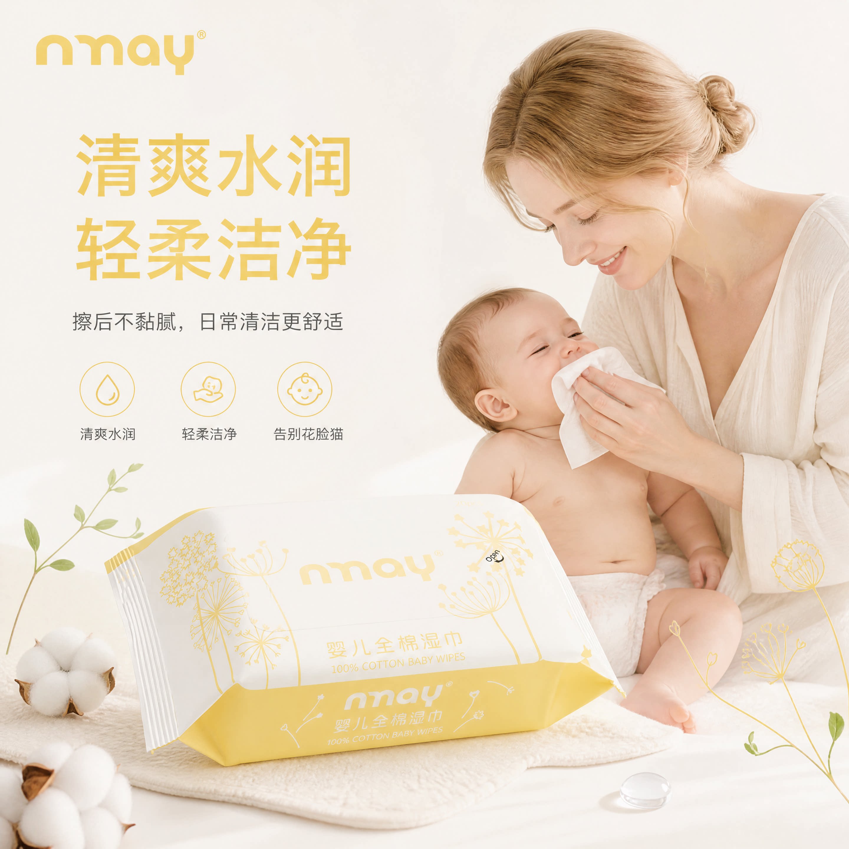 nmay婴儿无锑全棉湿巾无添加宝宝湿纸巾20片装新生儿温和无刺激