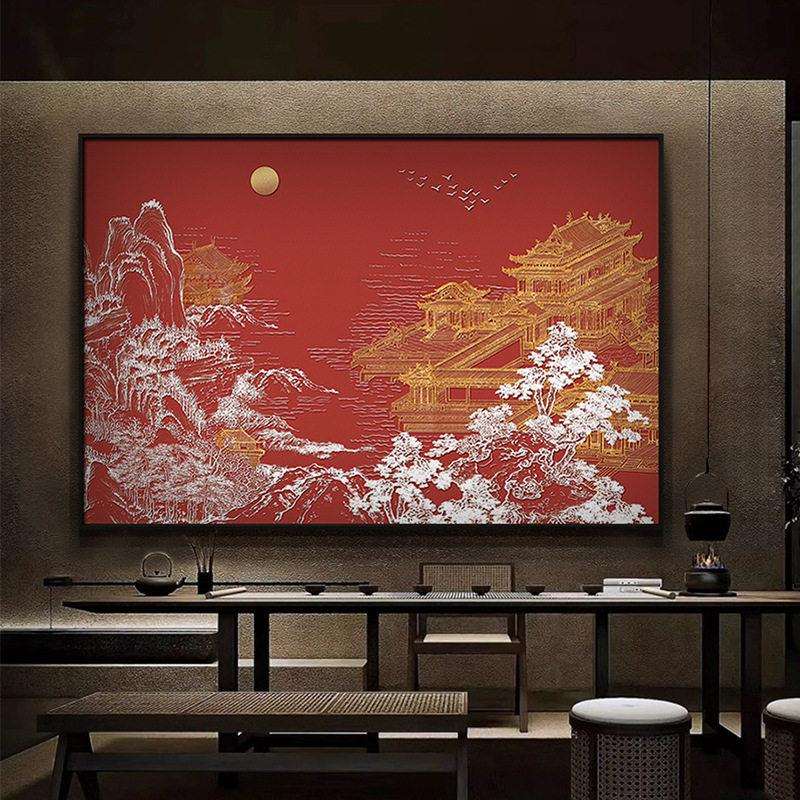 新中式餐厅浮雕肌理装饰画档大气酒店大堂挂画别墅客厅烫金壁画