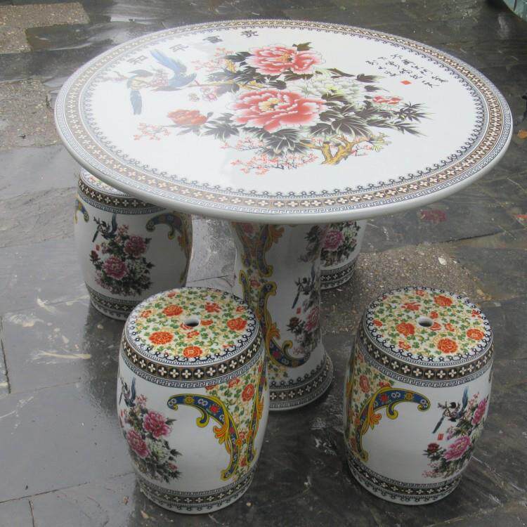 景德镇陶瓷工艺品 釉上彩花鸟陶瓷餐桌 桌子凳子家居庭院装饰摆件