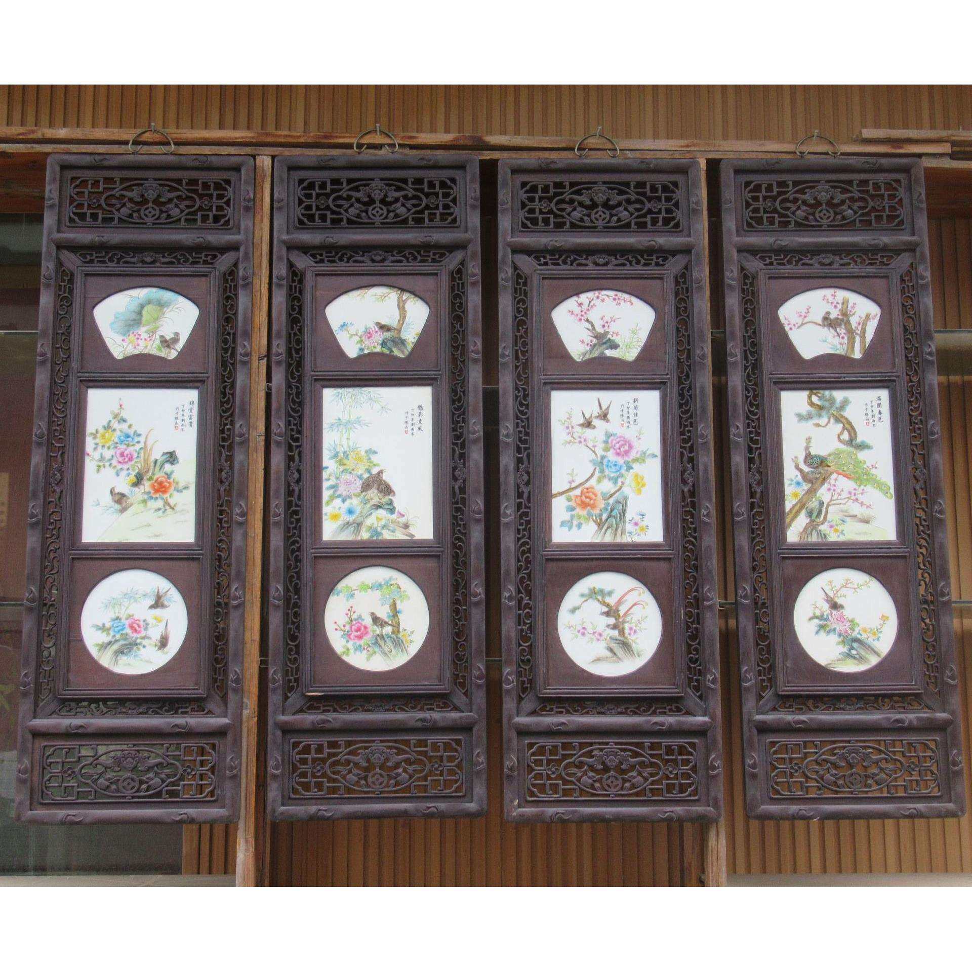 手绘陶瓷瓷板画四季花鸟中式古典装饰画 客厅四联有框画陶瓷工艺