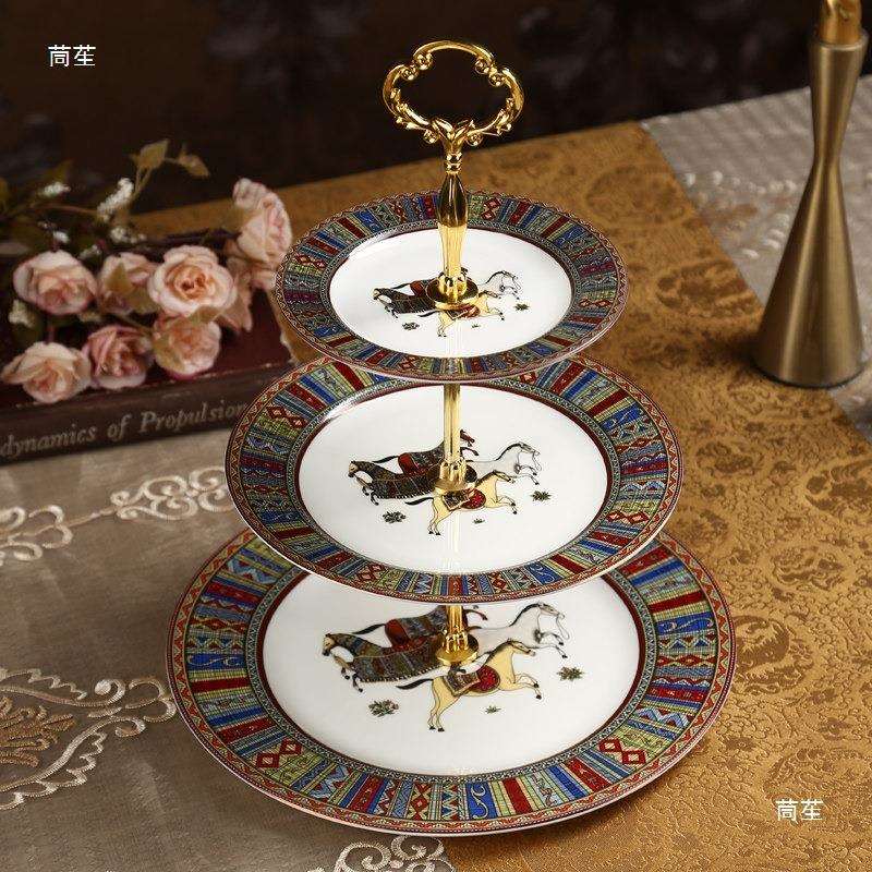 欧式多层水果盘甜品台陶瓷创意双层蛋糕架三层糕点盘下午茶点心架