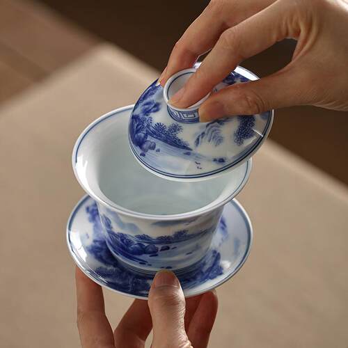 爱赏青花瓷三才盖碗陶瓷茶碗茶具茶备泡茶杯家用手绘复古泡茶器