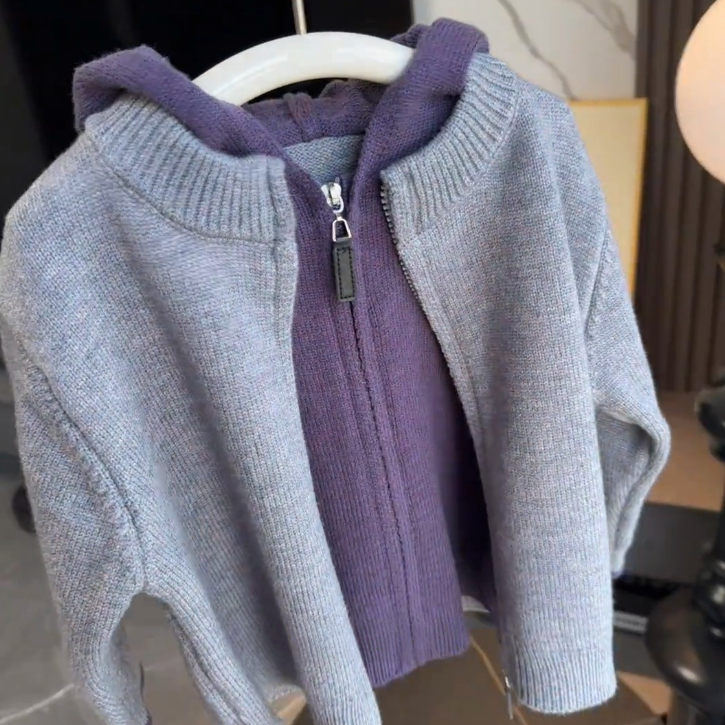 儿童针织开衫外套假两件连帽衫秋冬加厚百搭男童女童紫色毛衣洋气