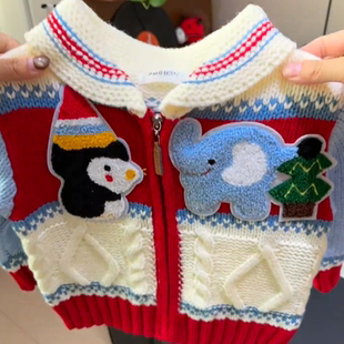 女童冬装套装企鹅毛衣加厚拉链宝宝过年衣服冬季洋气针织外套