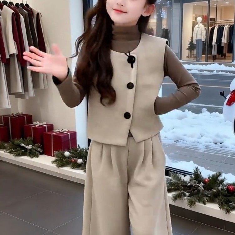 女童小香风套装春秋季2026新款洋气儿童马甲大童春装阔腿裤三件套