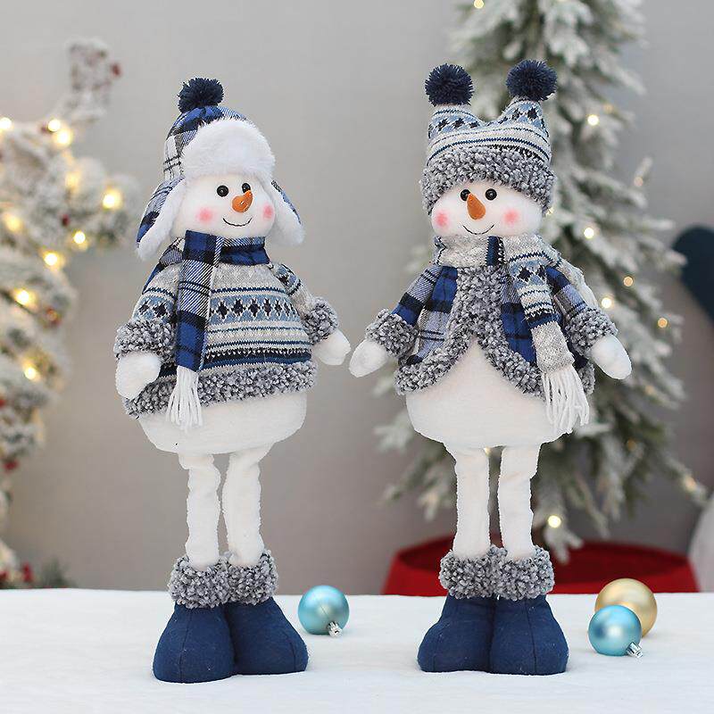 工厂现货跨境圣诞新品蓝色布艺可伸缩雪人公仔玩偶装饰品摆件