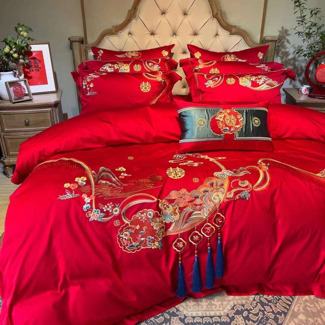 婚庆中式刺绣结婚床上用品床单被罩婚嫁婚床新婚红色十件套