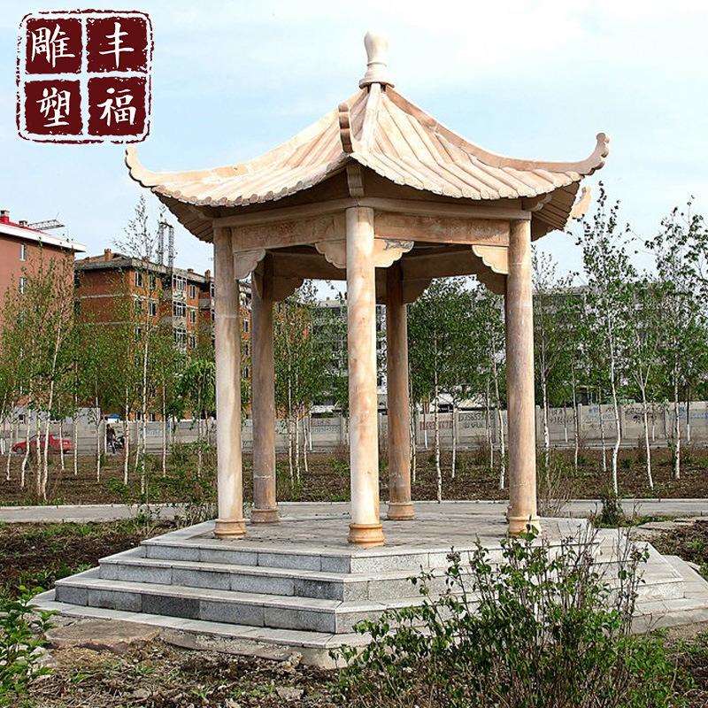 石雕罗马柱栏板阳台柱 晚霞红中式六角亭子雕塑 大理石凉亭摆件