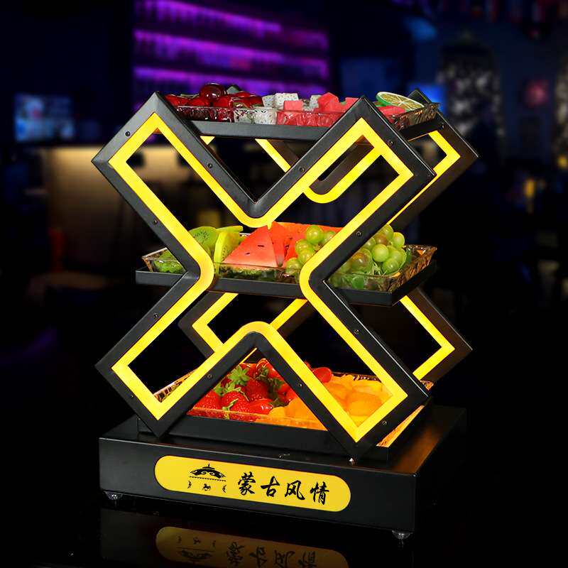 酒吧发光X果盘KTV三层交叉分格水果盘碟子小吃盘金属豪华水果架
