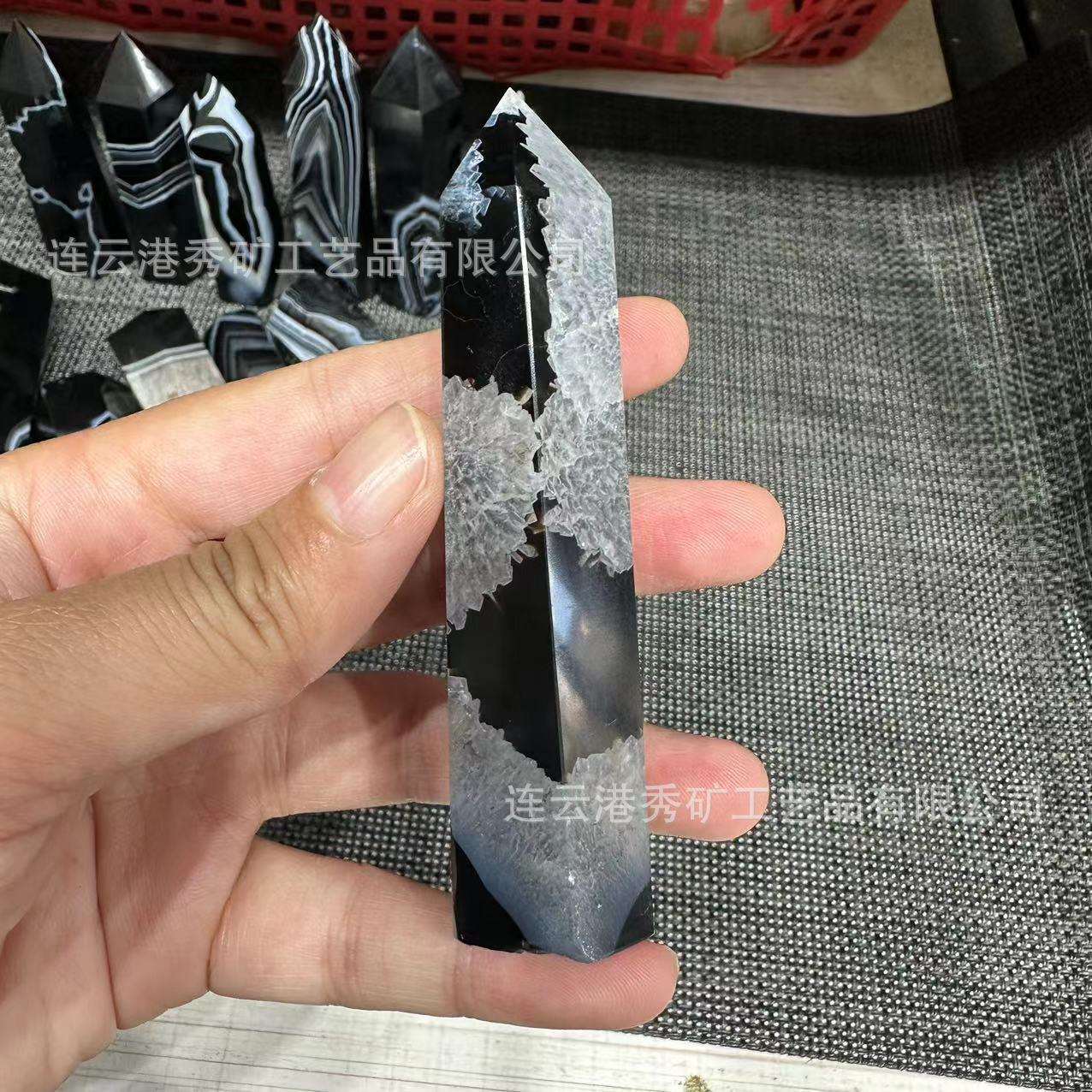 天然水晶黑玛瑙柱子原石纯手工打磨六棱单尖柱子摆件创意装饰