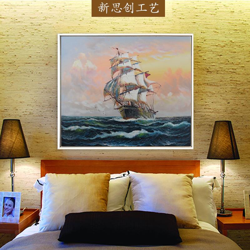 油画现货地中海纯手绘装饰画带框酒店海景风景帆船挂画厂家直销