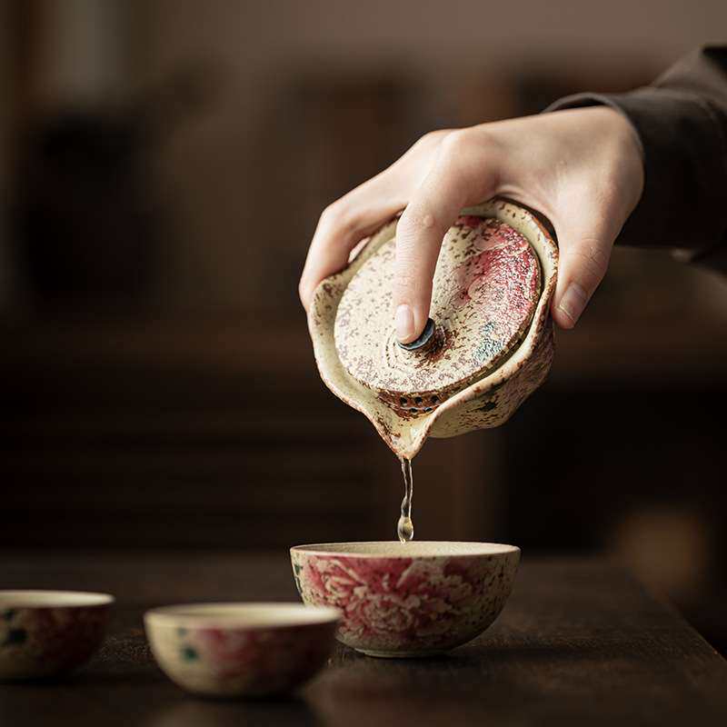 青花火石红念想旅行快客杯便携式车载露营陶瓷一壶三杯泡茶套组