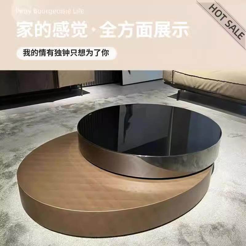 意式轻奢旋转茶几现代简约高端设计师伸缩360度转大小圆网红茶台