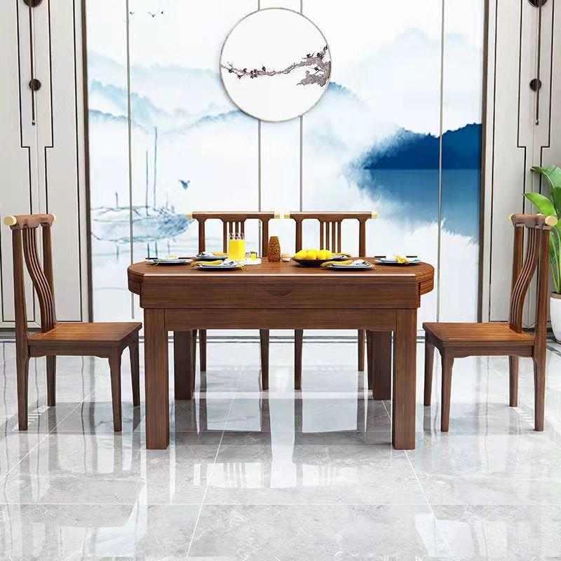 新中式金丝檀木实木餐桌椅组合折叠一桌四椅餐厅家具家用饭桌圆桌