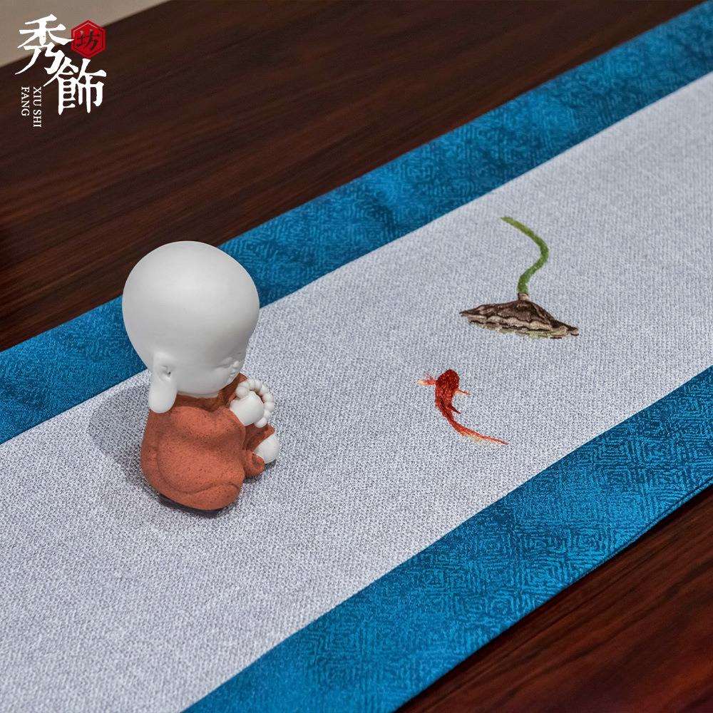 新中式桌旗禅意绣花布艺床旗尾巾客厅餐桌茶几茶桌中国风棉麻