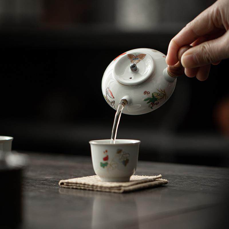 仿古陶瓷侧把壶文人茶壶泡茶器木手柄手执小品壶家用泡茶壶单壶
