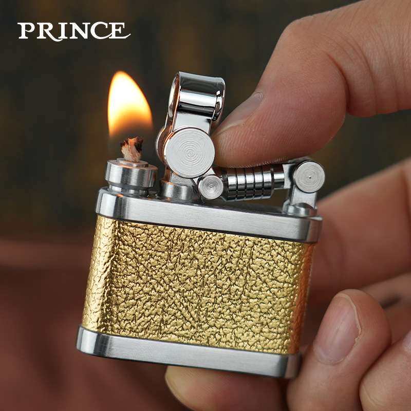 prince王子煤油火机复古金属皮纹磕头砂轮杠杆点火创意个性送礼