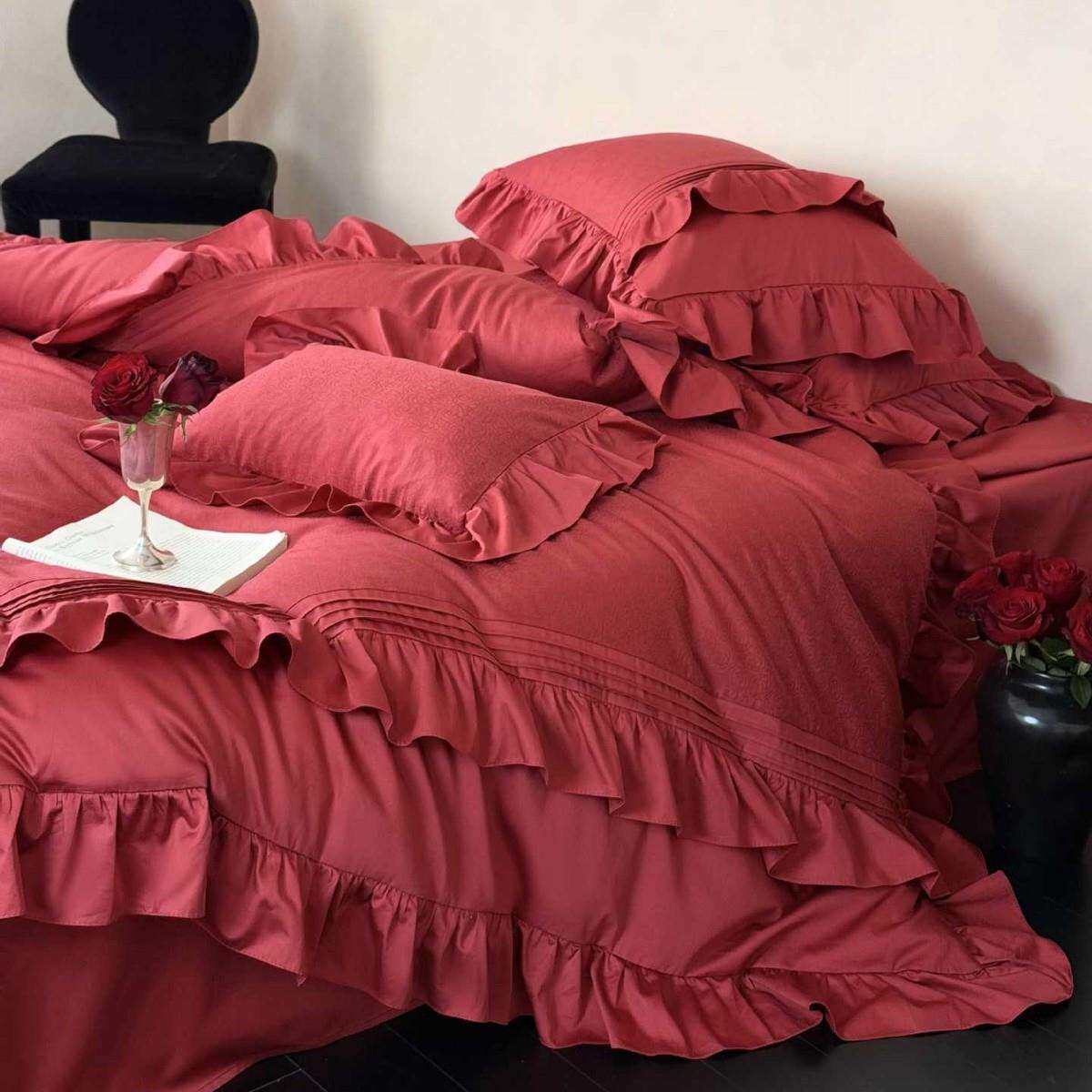 婚庆复古澳棉提花四件套纯色荷叶边红色喜被套床单1.8m床上用品